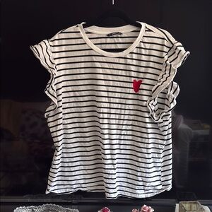 SHEIN Black and White Striped Tee with Red Embroidered Heart & Ruffled Sleeves